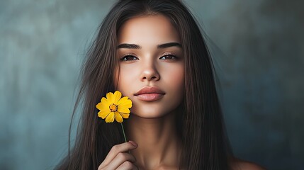 Naklejka premium Young Woman Holding Flower with Soft Expression on Background