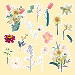 Spring flowers stickers illustration. Floral elements. Beautiful romantic flower collection with tulip, mimosa, narcissus.