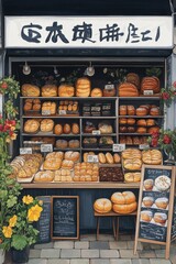 Charming bakery storefront with an array of fresh bread, pastries, and cakes creating a cozy atmosphere