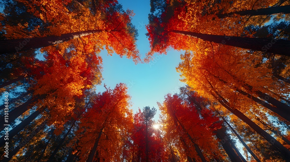 Poster view from the forest floor of tall trees with vibrant red and orange autumn leaves framing a bright 