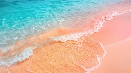 Fototapeta premium Serene beach scene with gentle waves lapping at a soft, pink sand shore.