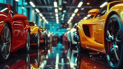 photograph of interior of an automotive showroom with rows of different cars in various colors, shot on arri alexa mini cinema camera with wide-angle lens, cinematic color grading, high resolution