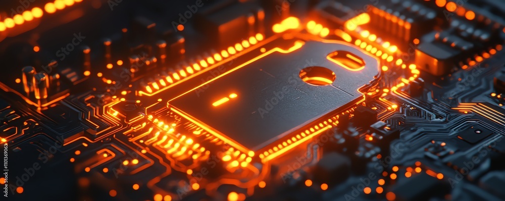 Poster 3drendered digital key on a glowing circuit board, representing cybersecurity and data protection, s