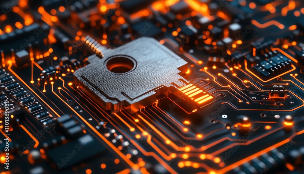 Poster 3drendered digital key on a glowing circuit board, representing cybersecurity and data protection, s