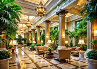 Elegant Luxury Hotel Lobby with Majestic Pillars and Lush Green Plants, Captivating Candid Photography for Exquisite Interior Design Inspiration