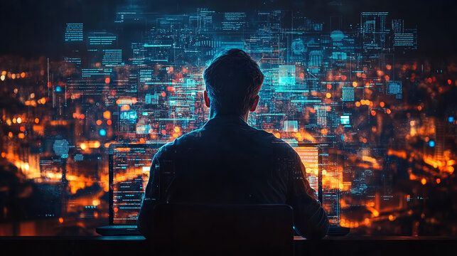 Person viewing computer code city lights at night, suitable for technology or programming concepts in web design or social media posts. Generated AI