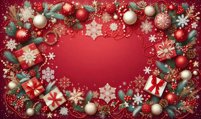 Holiday decor on red background. AI-generated art