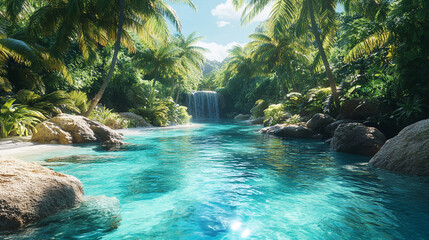 Tranquil turquoise water, palm trees, waterfall. Serene nature scene for travel, vacation, relaxation, tropical destinations, summer themes, or backgrounds. Generated AI