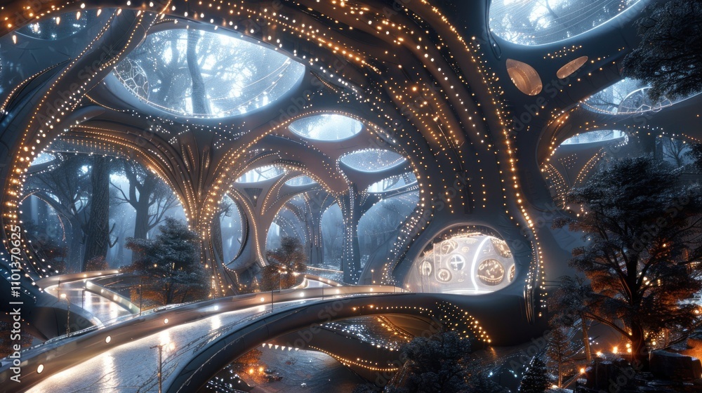 Aufkleber a futuristic architectural design blending nature and technology in a luminous forest setting.
