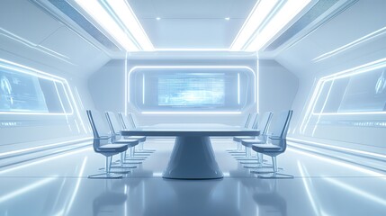 Naklejka premium Futuristic conference room with holographic screens and neon lig