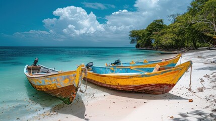 Fototapeta premium Colorful boats on a serene beach with clear waters and lush greenery.