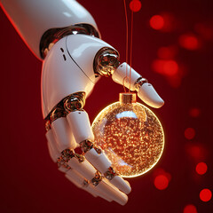 a template for advertising Christmas, machinery and technical goods, a robot hand holding a Christmas tree ball on a red background