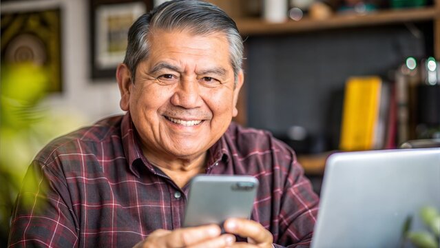 Headshot portrait smiling positive elderly Latino man remote worker freelancer home office mobile