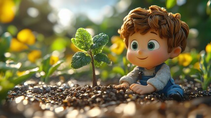 Joyful Sprout: A claymation boy lovingly tends to a young plant, embodying themes of growth, nurturing, and environmental care.  The scene is bathed in warm sunlight.