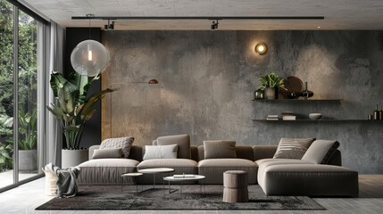 photograph of Loft, farmhouse interior design of modern living room with concrete wall.