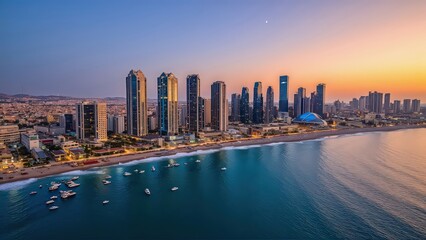 Naklejka premium Generative AI, Coastal Cityscape at Sunset with Glass Skyscrapers and Ocean Views