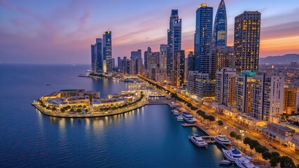 Naklejka premium Generative AI, Coastal Cityscape at Sunset with Glass Skyscrapers and Ocean Views