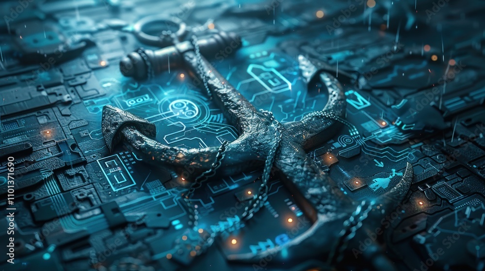 Poster an anchor rests on a digital circuit board, merging nautical and technological themes.