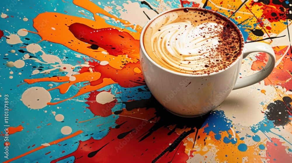 Poster a latte with artistic foam design on a colorful splatter background.