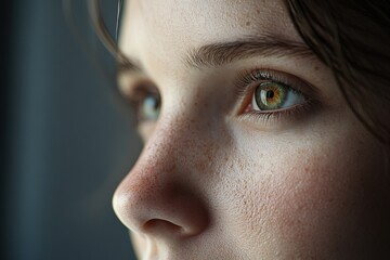 Fototapeta premium Close-up view of a young girl with striking green eyes looking thoughtfully out a window during daylight