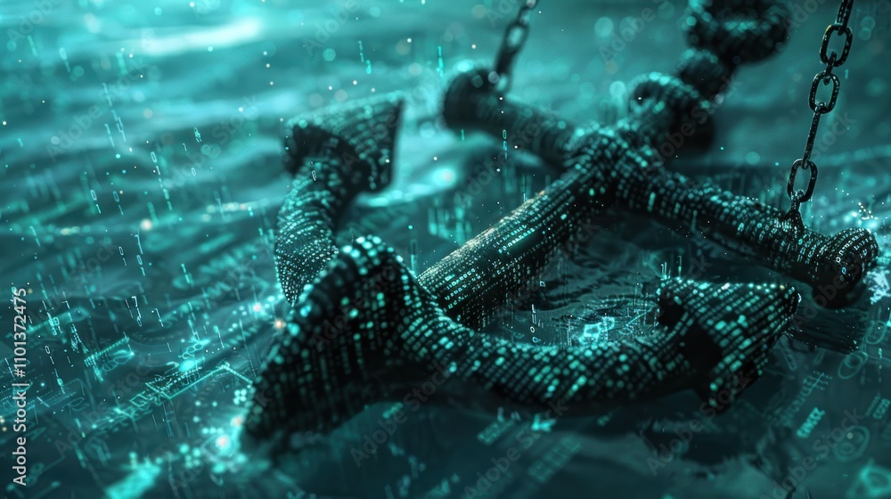 Poster a digital anchor submerged in water, surrounded by flowing data and light effects.