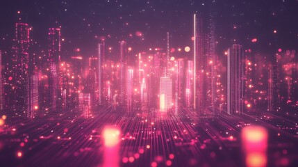 A vibrant, futuristic cityscape with glowing skyscrapers and digital elements.
