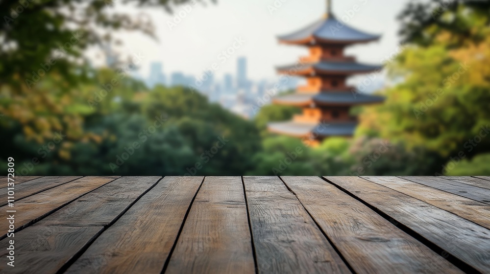 Poster close up view of an empty rustic wooden table with a blurred background of chureito pagoda