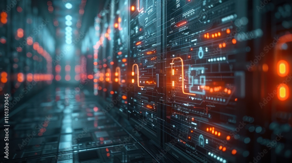 Poster a futuristic data center with glowing circuits and servers, showcasing technology and innovation.