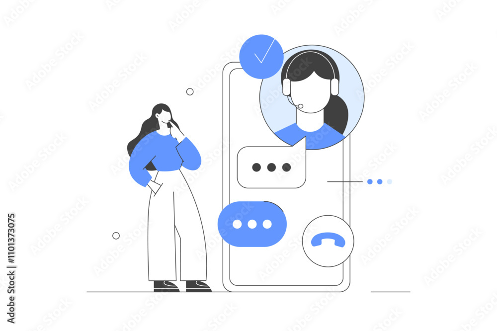 Aufkleber customer support. character using online helpdesk platform. asking a questions and receiving answers