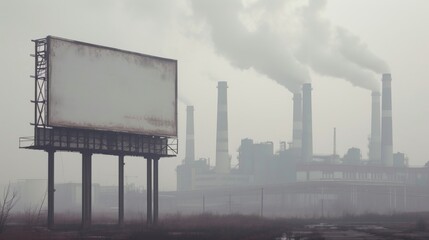 A desolate industrial scene featuring tall smokestacks emitting smoke and an empty, weathered billboard in the foreground. The cloudy sky and pollution create a dystopian mood.