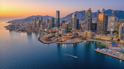 Obraz premium Generative AI, Coastal Cityscape at Sunset with Glass Skyscrapers and Ocean Views