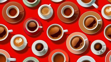 Seamless background pattern with fresh coffee in cups and saucers on red background
