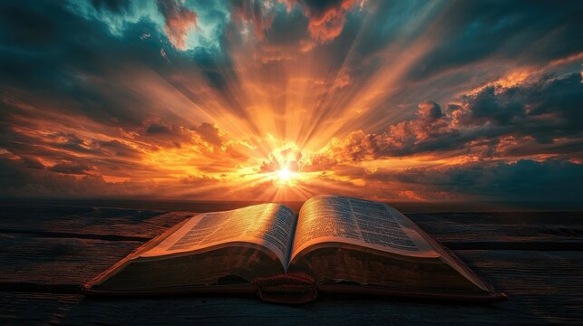 A Bible placed on a rustic surface, lit by a celestial ray of light, with a vivid and dramatic sunset in the distance.