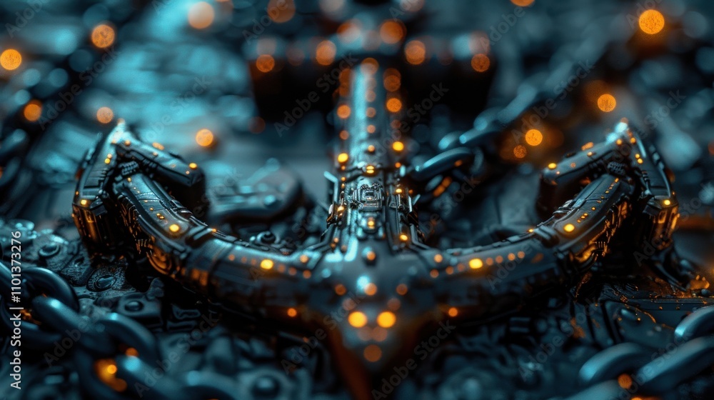 Poster a futuristic anchor design with glowing elements and chains, creating a tech-inspired aesthetic.