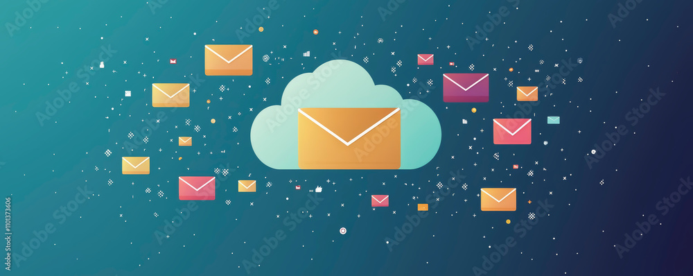 Poster digital cloud with floating envelopes illustrating online communication and email management in a mo