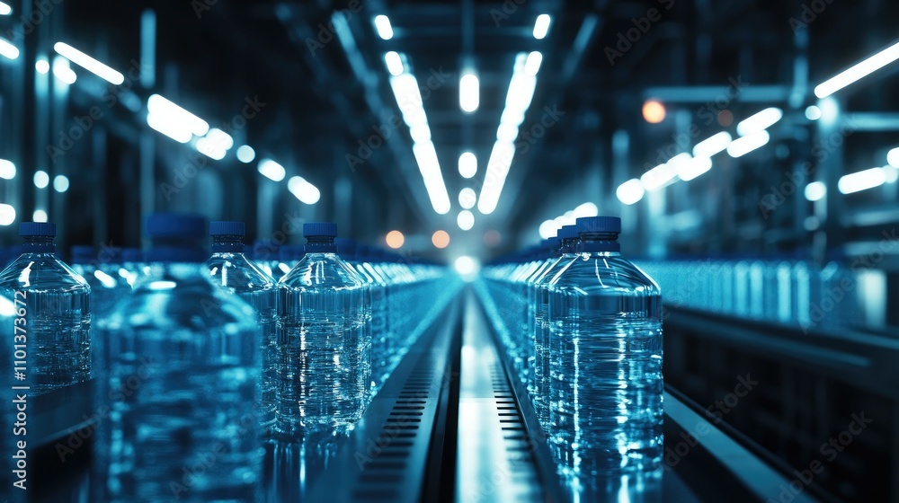 Poster a bottling factory production line with rows of clear water bottles with blue caps, gleaming under i