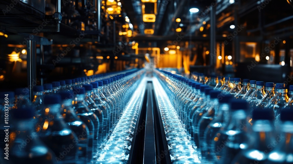 Aufkleber a bottling factory production line with rows of clear water bottles with blue caps, gleaming under i