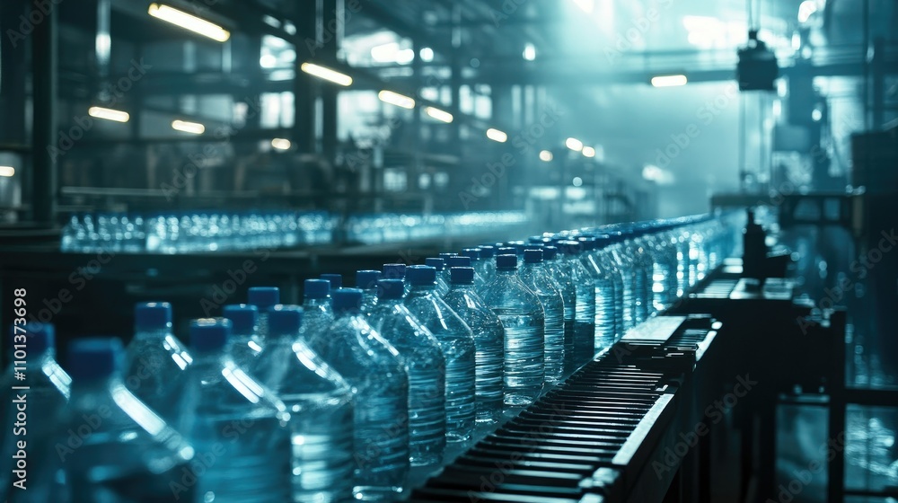 Poster a bottling factory production line with rows of clear water bottles with blue caps, gleaming under i