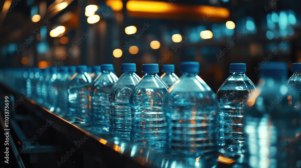 Aufkleber a bottling factory production line with rows of clear water bottles with blue caps, gleaming under i