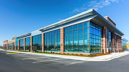 Obraz premium photograph of Minimalist commercial building exterior with large glass windows and brick accents, empty parking lot. Blue sky background. Wide angle lens with natural lighting.