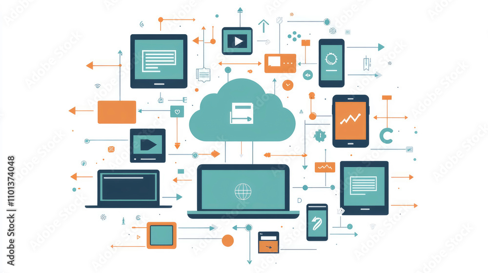 Poster this flat vector cloud is situated at the center, surrounded by diverse digital devices, symbolizing