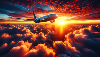 Naklejka premium Airplane flying above the clouds with beautiful sunset travel concept Illustration