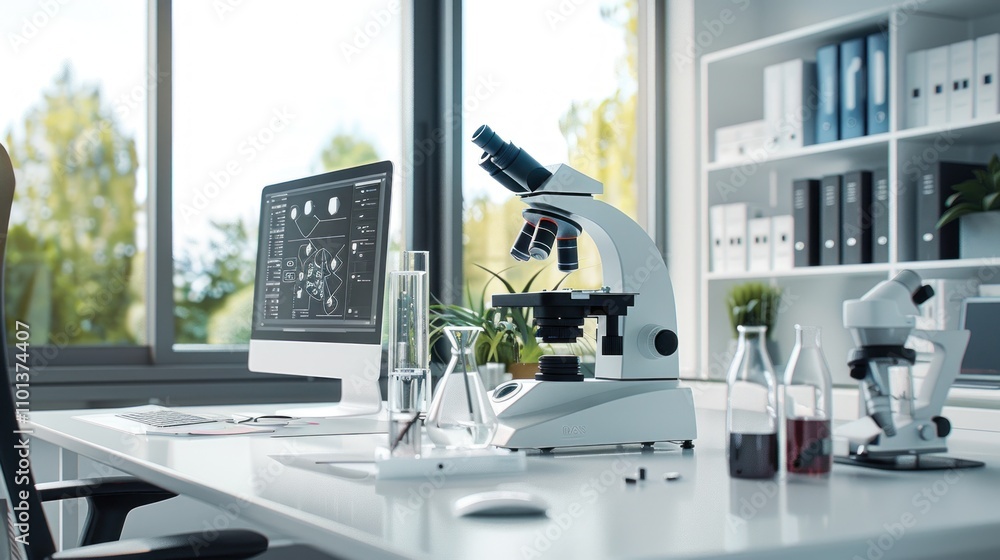 Poster photograph of modern laboratory with microscope and computer on the table, high resolution photograp