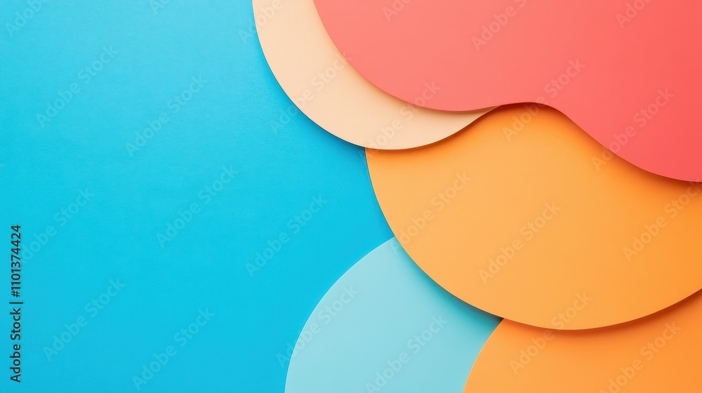 Poster colorful abstract composition with overlapping round paper shapes and blue background