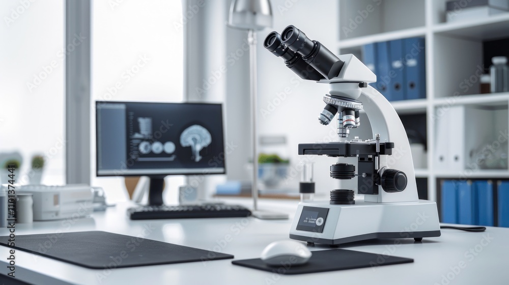 Poster photograph of modern laboratory with microscope and computer on the table, high resolution photograp
