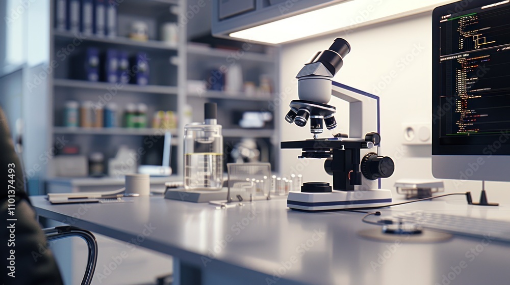 Poster photograph of modern laboratory with microscope and computer on the table, high resolution photograp