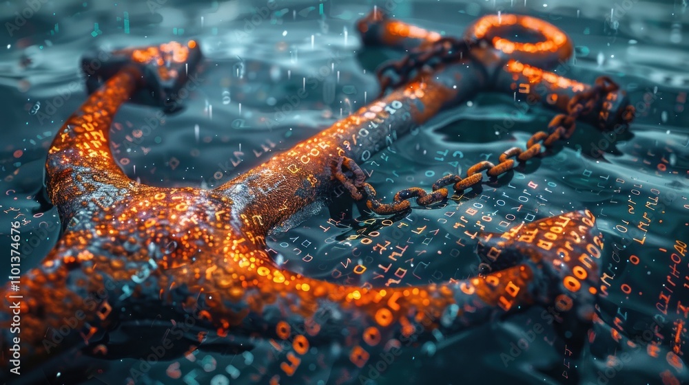 Leinwandbilder an anchor submerged in water, surrounded by digital binary code, symbolizing technology and depth.