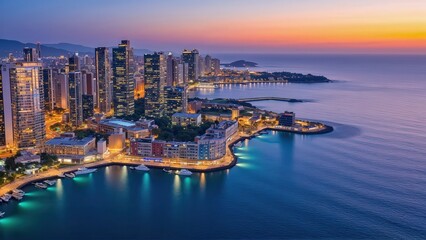 Naklejka premium Generative AI, Coastal Cityscape at Sunset with Glass Skyscrapers and Ocean Views