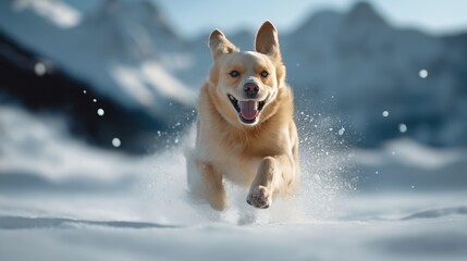 Golden retriever running joyfully through snow-covered landscape with mountains in the background under clear blue sky.