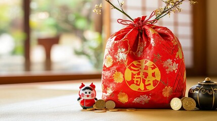 A traditional Japanese 'lucky bag' (fukubukuro) filled with mystery items, wrapped in a vibrant red bag with golden Japanese characters symbolizing good fortune.